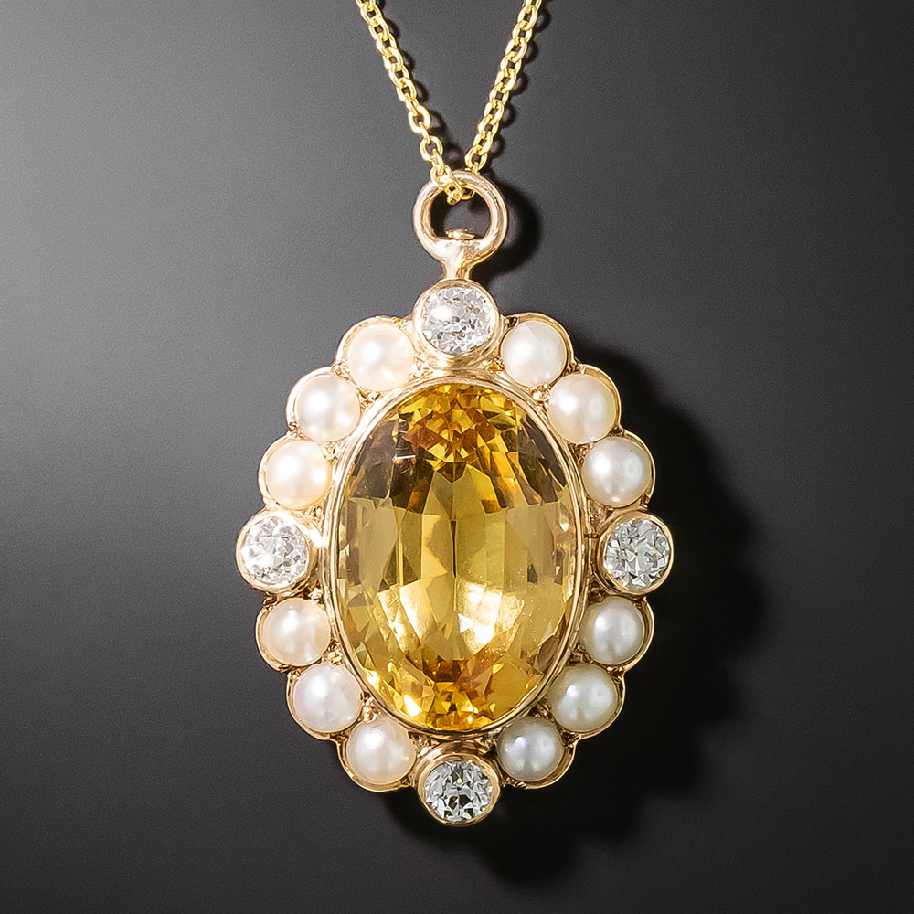 Antique Imperial Topaz Diamond and Pearl Pendant