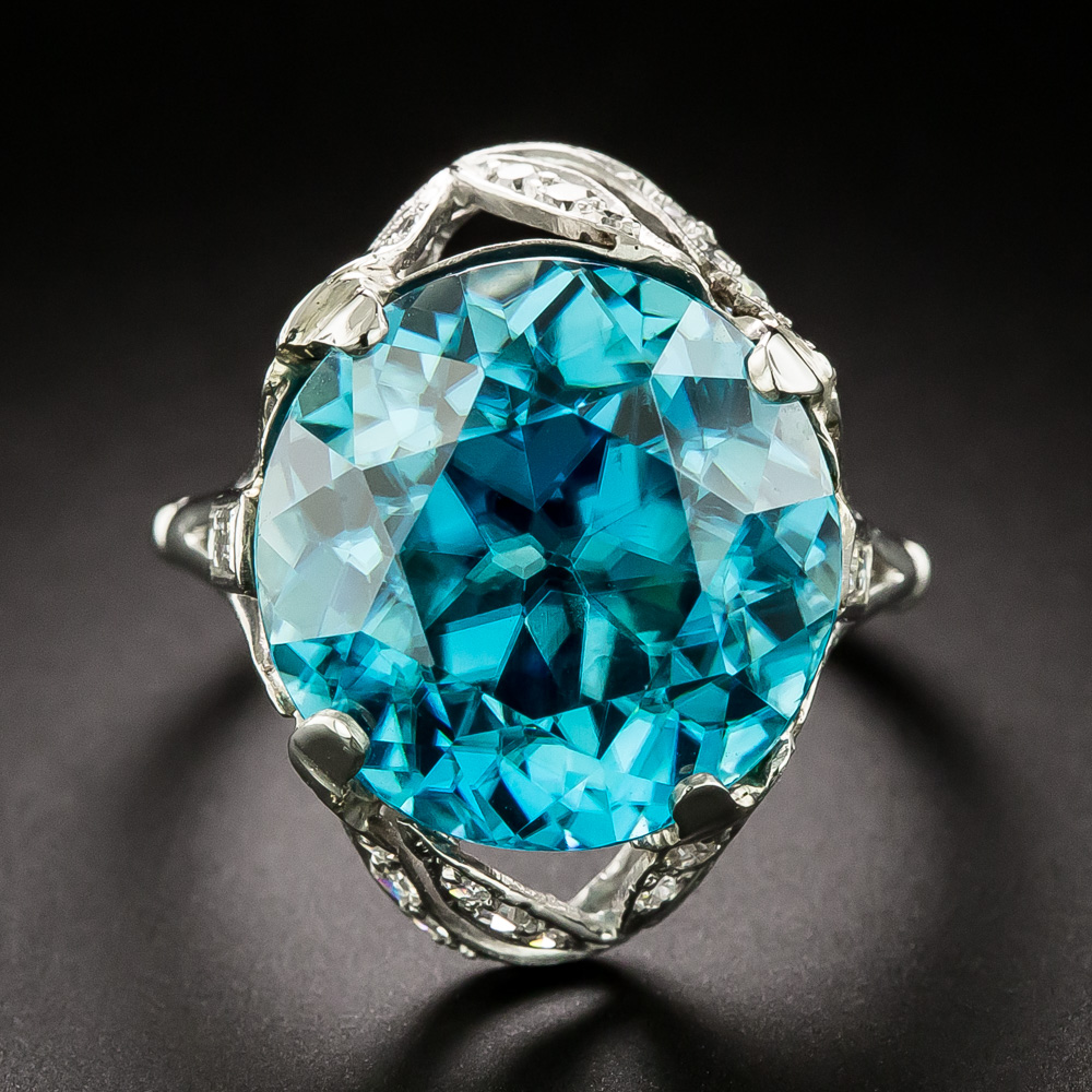 Art Deco 18.21 Carat Blue Zircon and Diamond Ring, by Petri