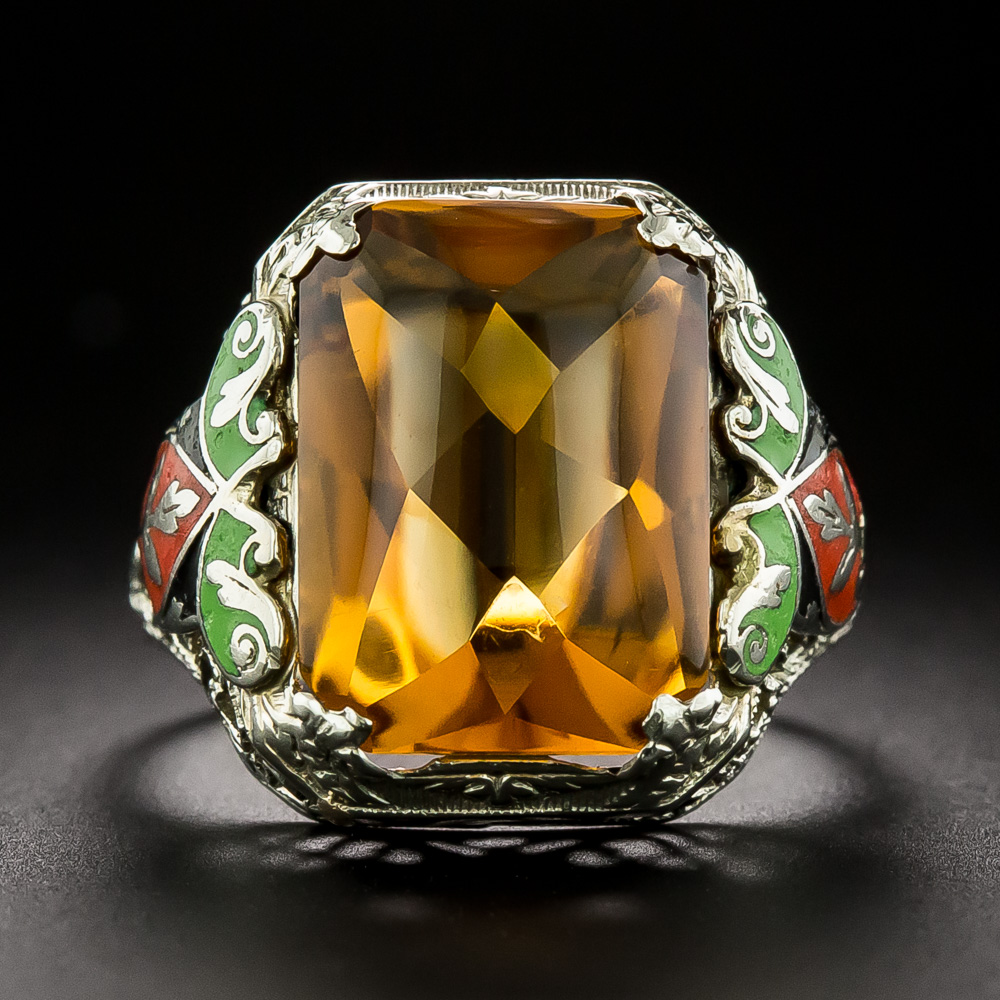 Art Deco Buff-Top Madeira Quartz and Enamel Filigree Ring