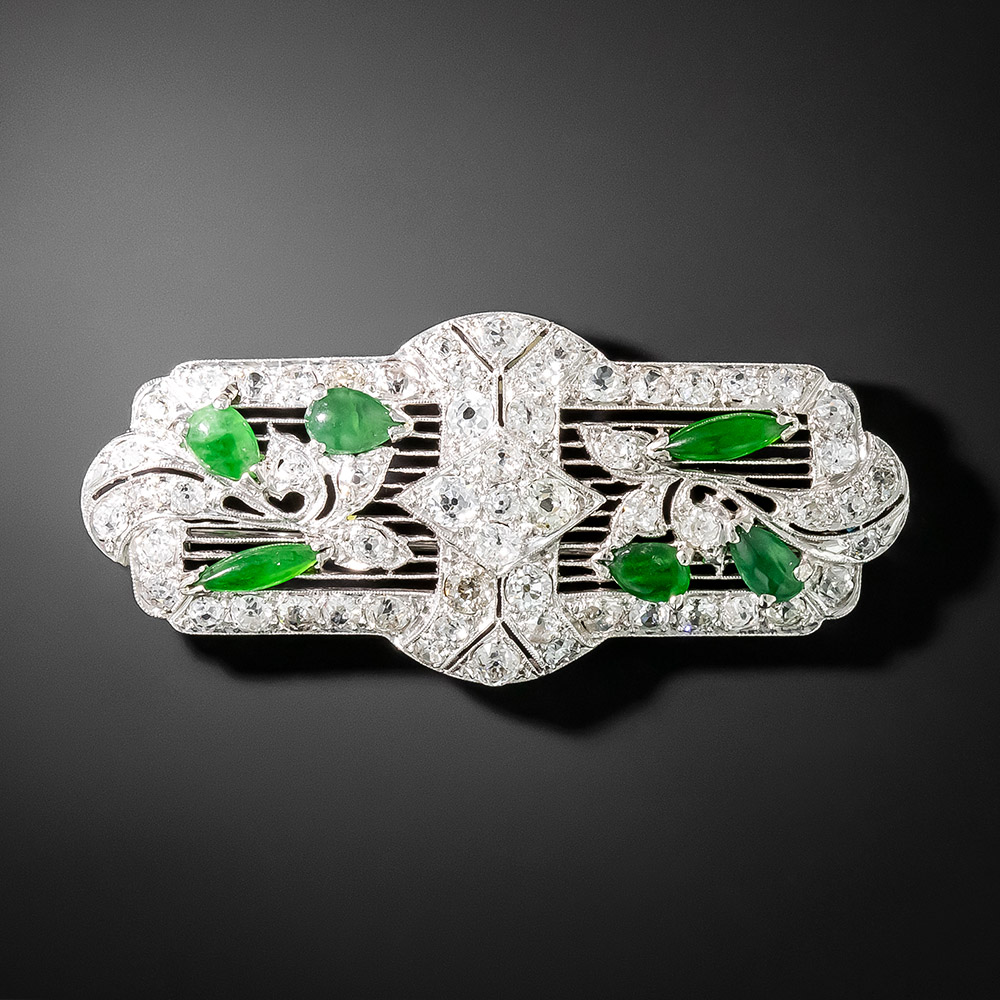Art Deco Burmese Jade and Diamond Brooch