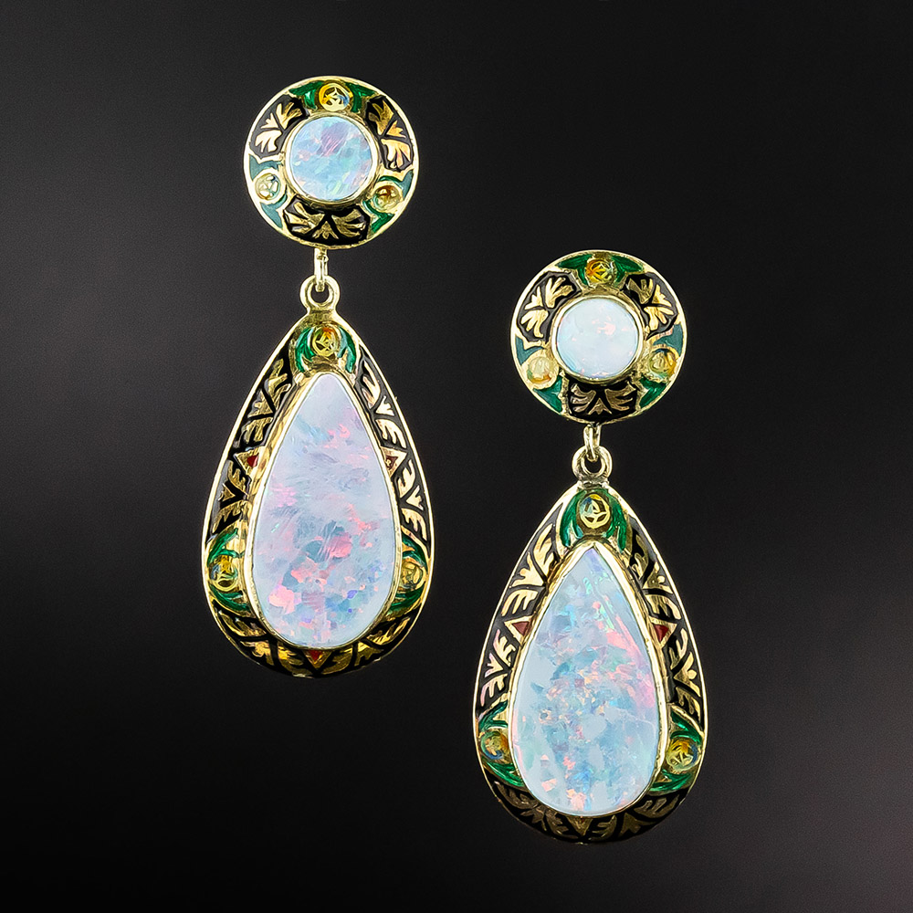 Art Deco Opal and Enamel Dangle Earrings