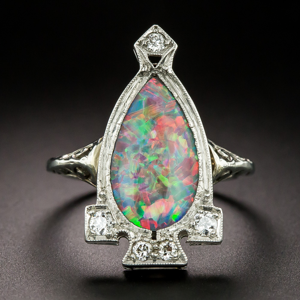 Art Deco Pear-Shaped Black Opal and Diamond Ring