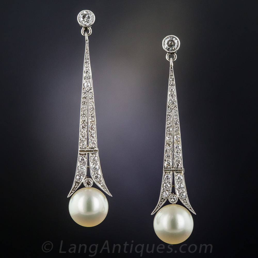 Art Deco Pearl and Diamond Drop Earrings