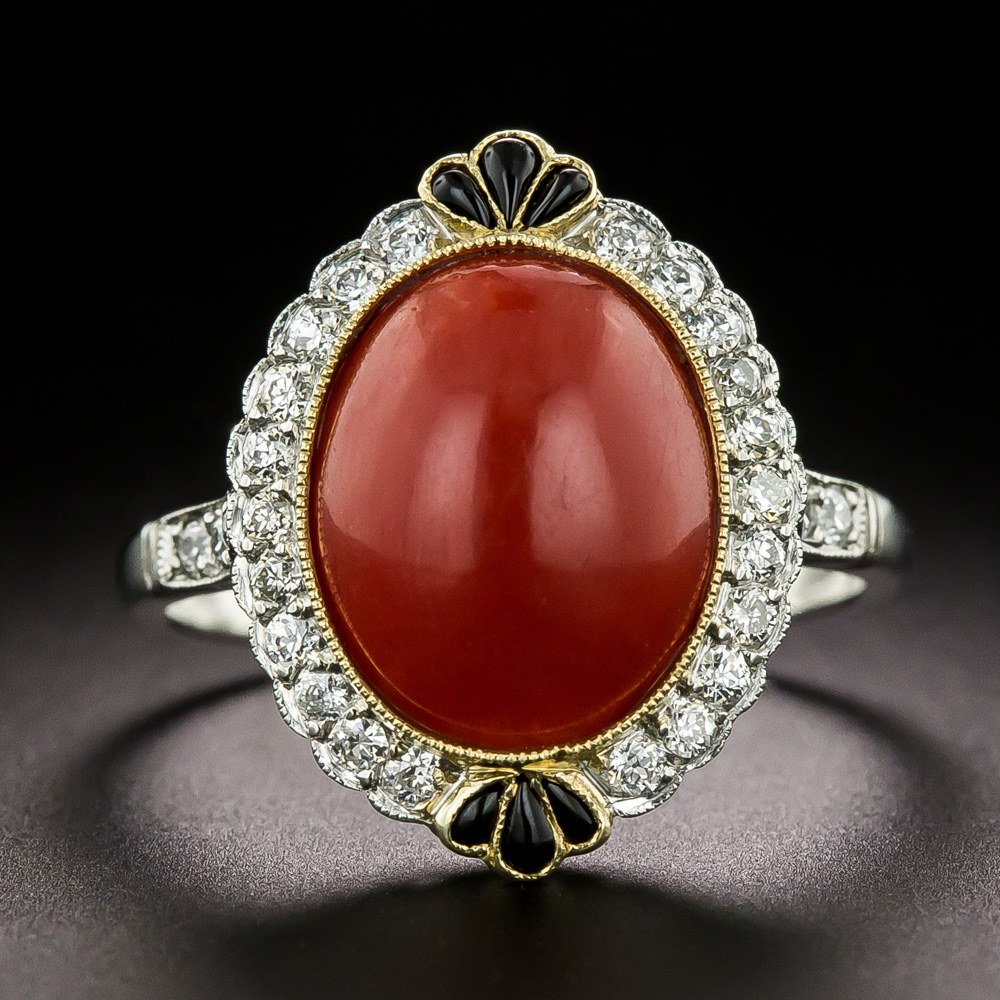 Art Deco Style Coral, Onyx, and Diamond Ring
