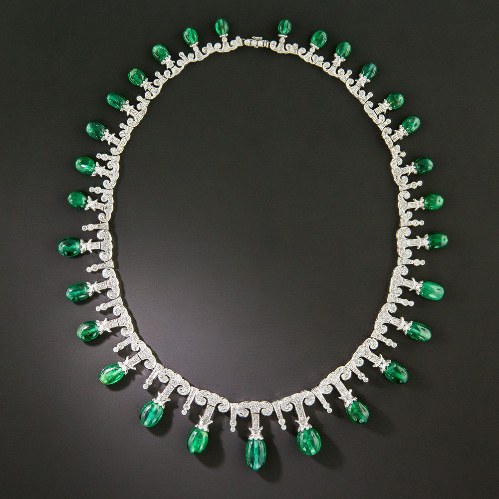 Art Deco-Style Emerald Bead and Diamond Fringe Necklace