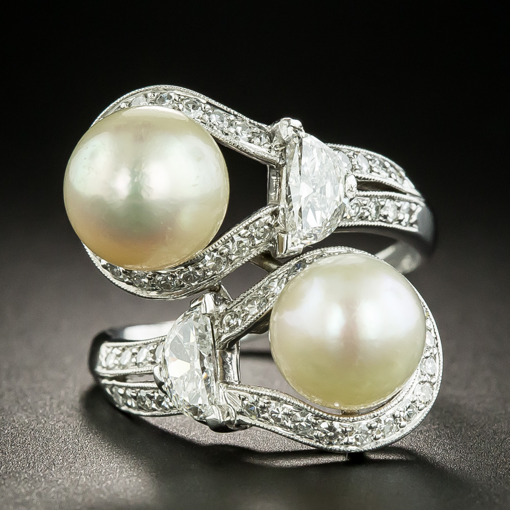 Art Deco Twin Natural Pearl and Diamond Bypass Dinner Ring - GIA