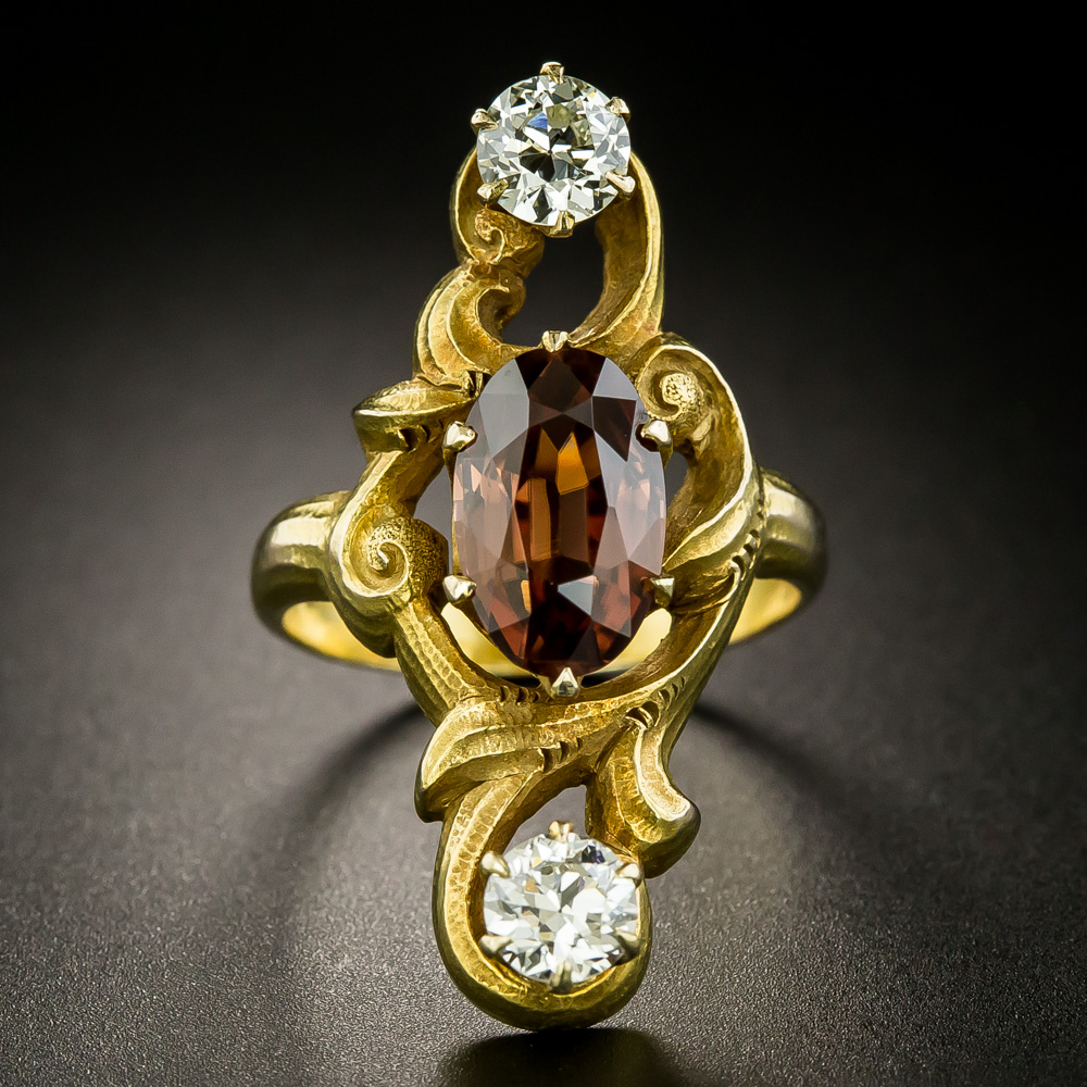 Art Nouveau Brown Zircon and Diamond Dinner Ring