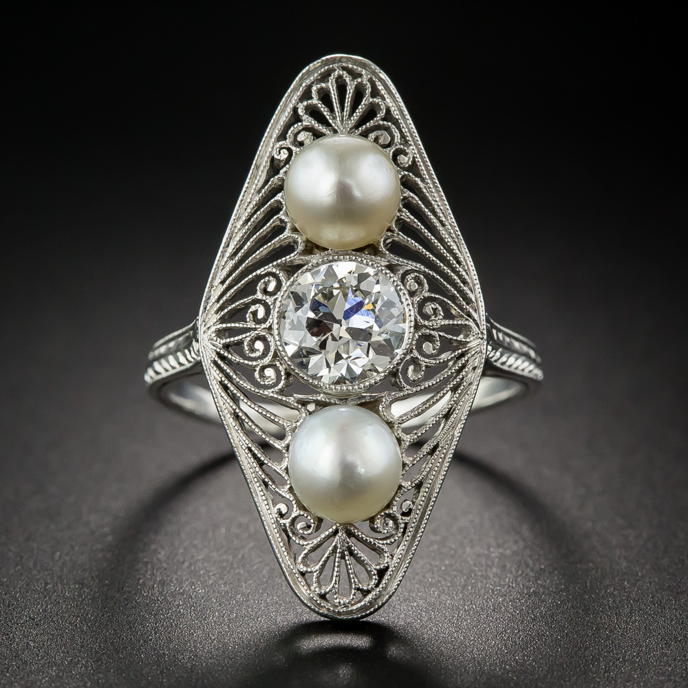 Beautiful Edwardian Diamond and Natural Pearl Dinner Ring