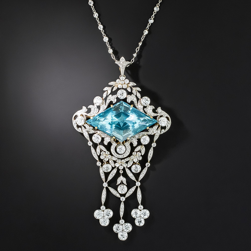 Edwardian Aquamarine and Diamond Pendant/Brooch by J.E. Caldwell