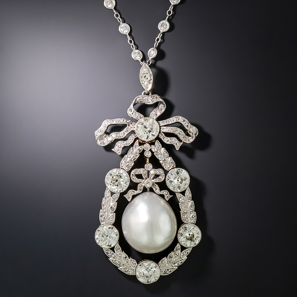 Edwardian Large Natural Blister Pearl and Diamond Necklace