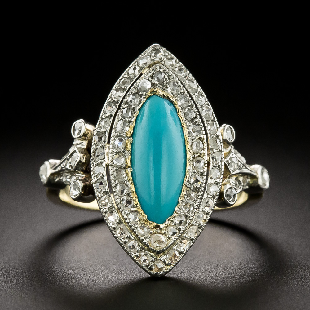 Edwardian Turquoise and Diamond Navette Ring