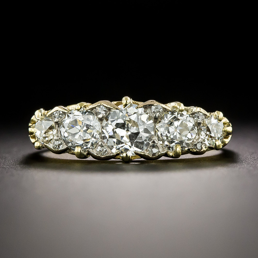 English Victorian Five-Stone Diamond Carved Ring
