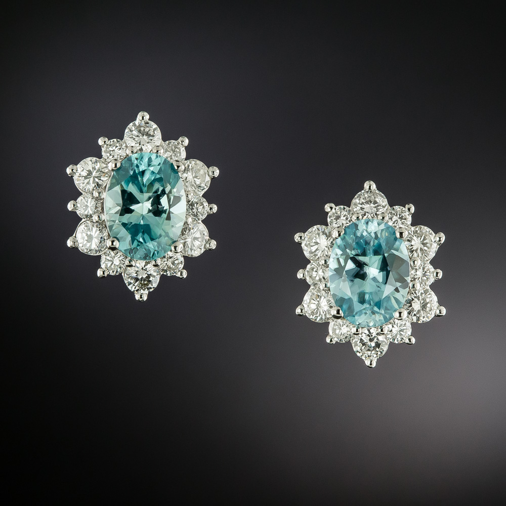 Estate Blue Zircon and Diamond Halo Earrings
