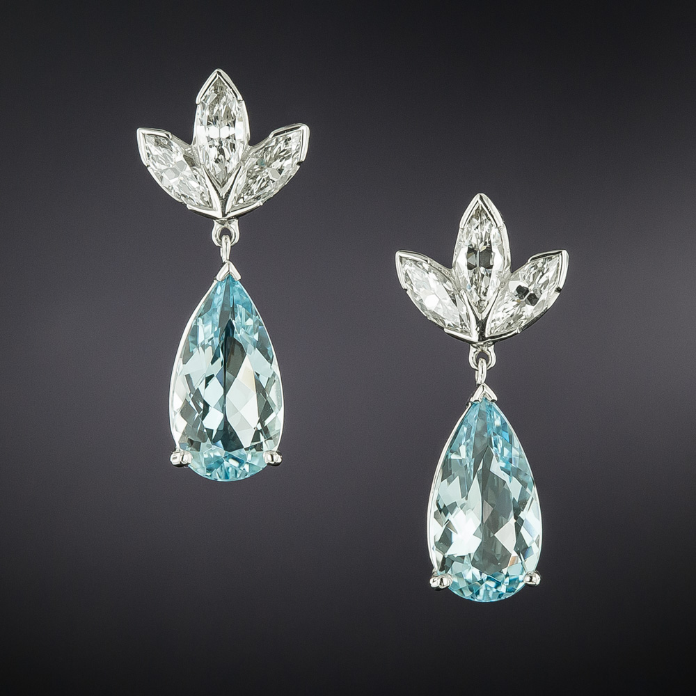 Mid-Century Diamond and Aquamarine Drop Earrings
