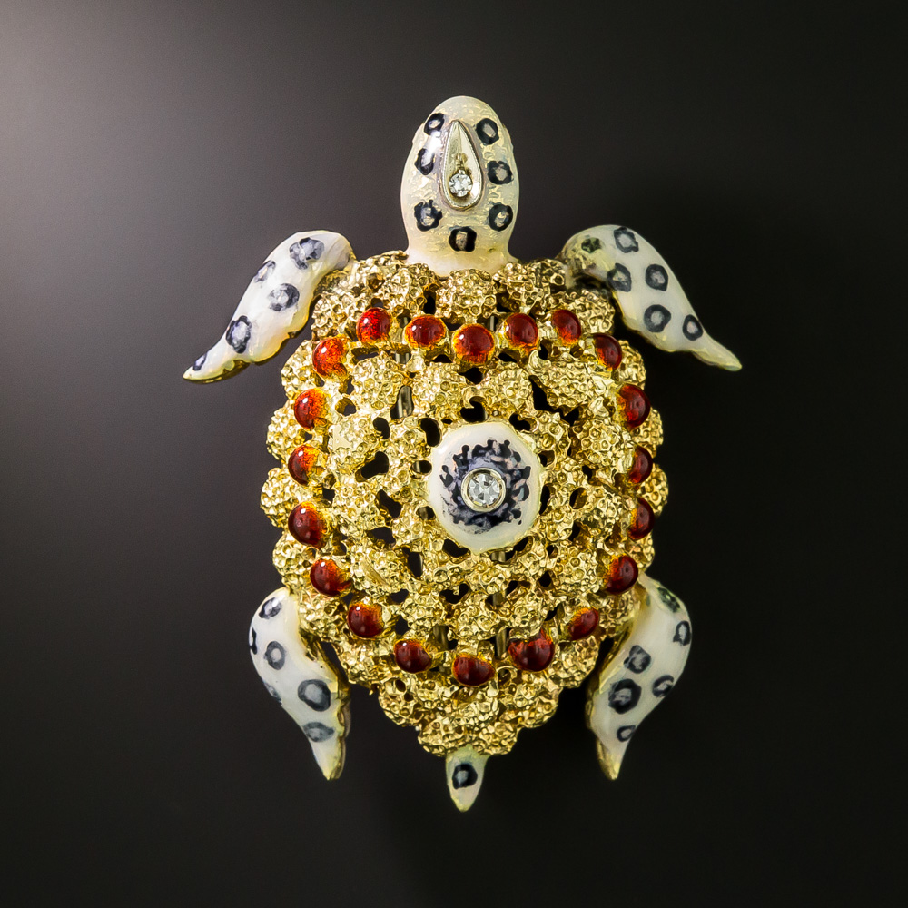 Mid-Century Enamel Tortoise Brooch with Diamonds