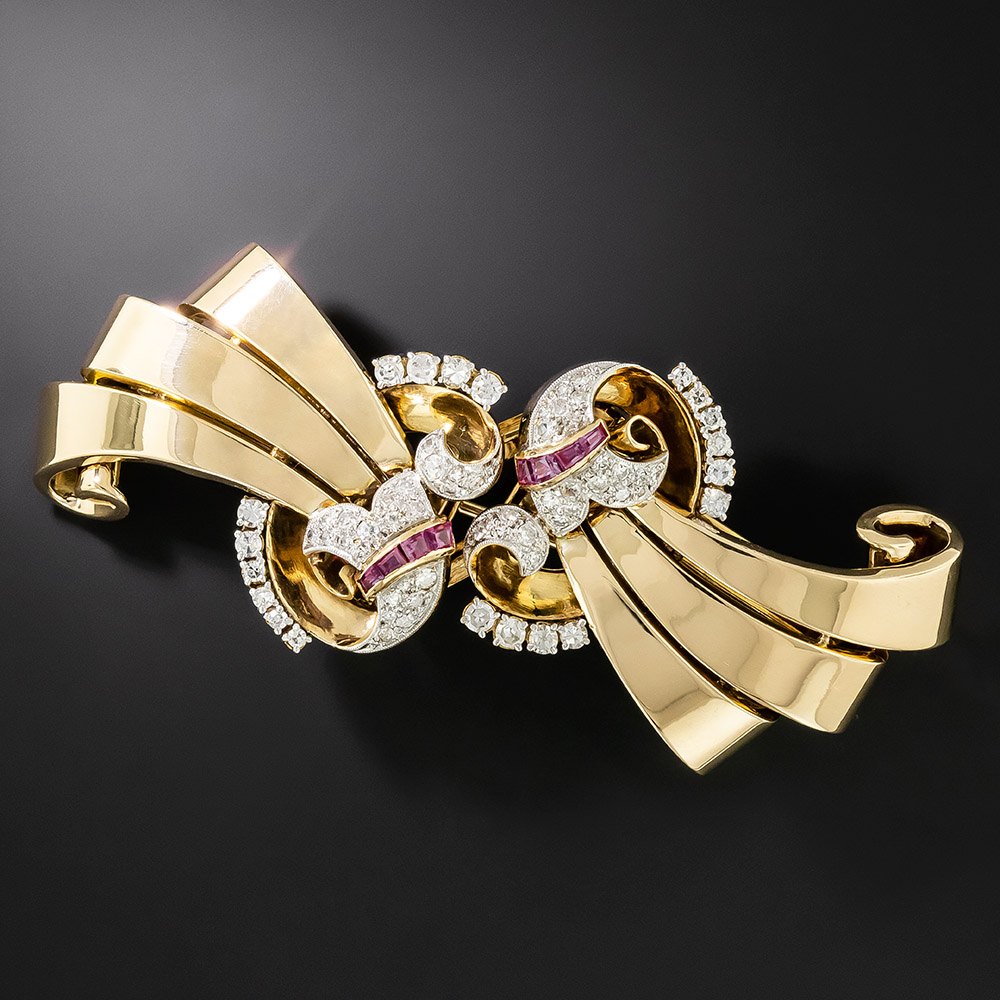Retro Diamond And Ruby Double Clips/Brooch