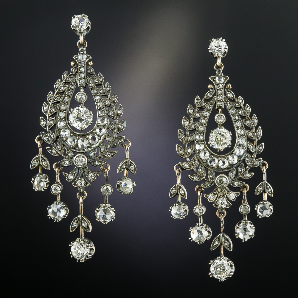 Victorian Diamond Silver over Gold Chandelier Earrings