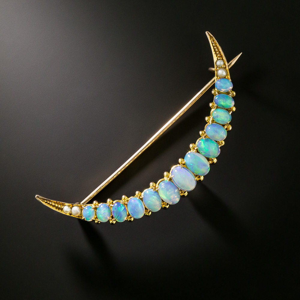 Victorian Opal and Natural Pearl Crescent Brooch