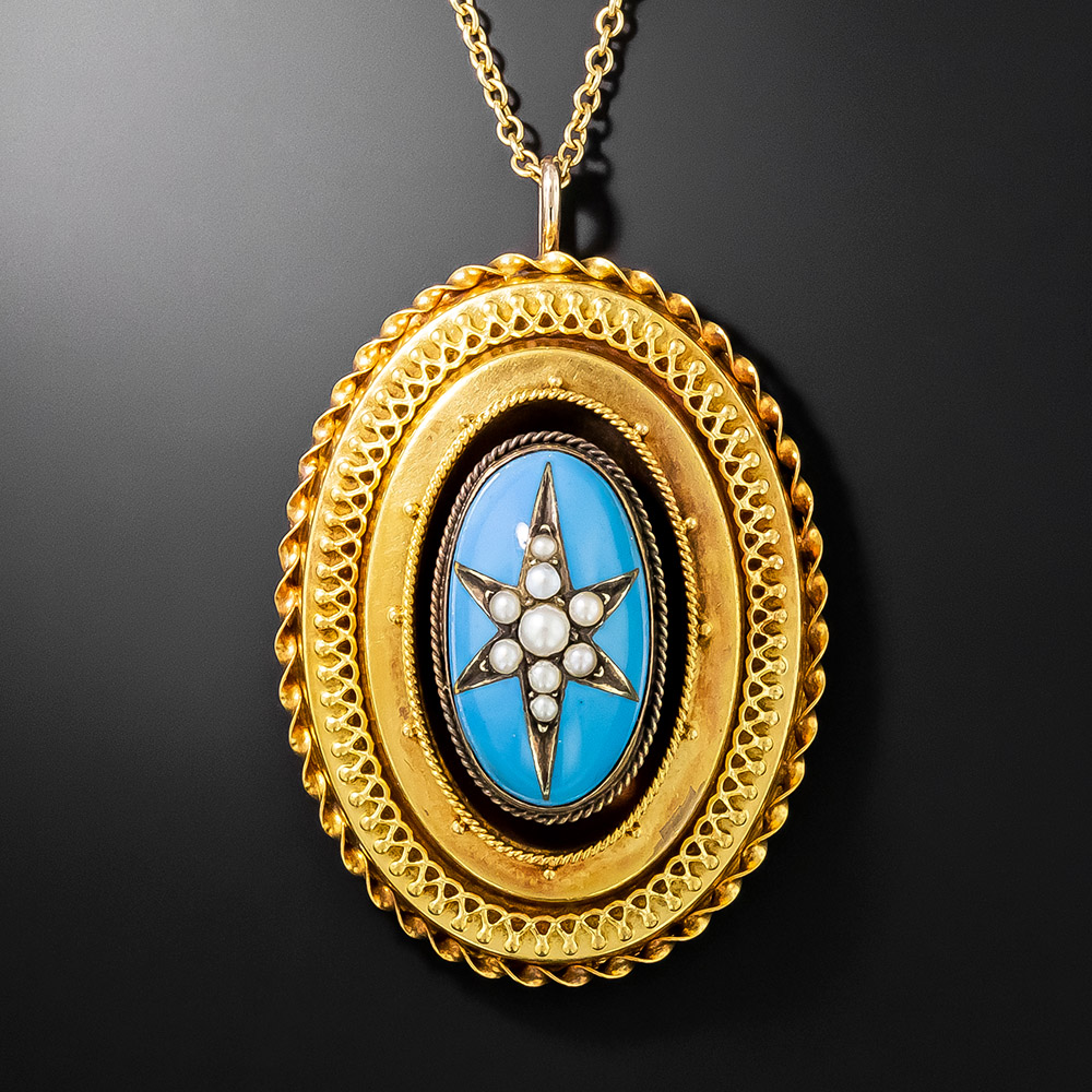 Victorian Turquoise Enamel and Seed Pearl Pendant