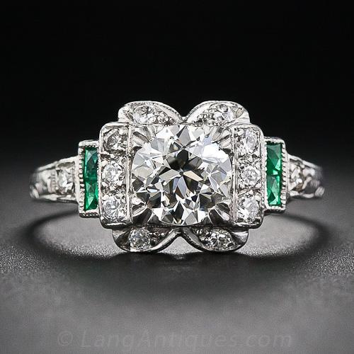 1.02 Carat Diamond and Calibre Emerald Art Deco Engagement Ring