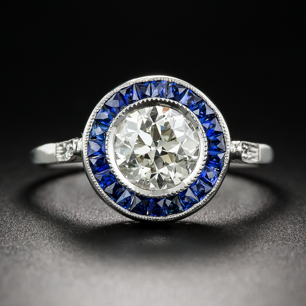 1.45 Carat European-Cut Diamond and Sapphire Halo Ring