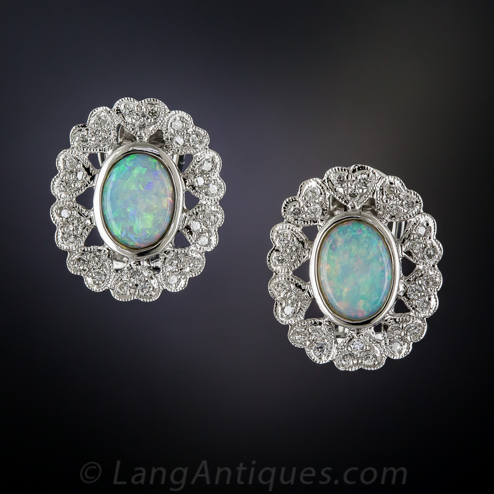 18K White Gold Opal and Diamond Earrings