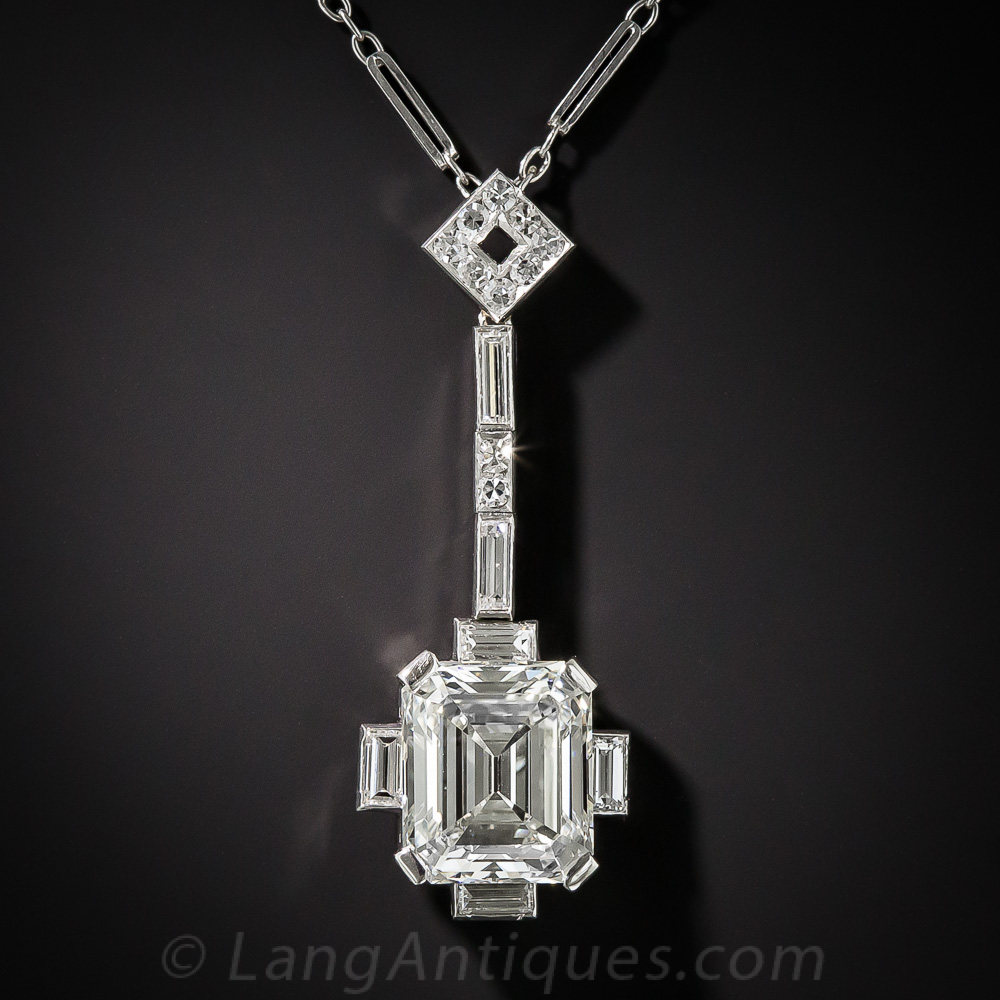 3.47 Carat Asscher-Cut Diamond Art Deco Pendant Necklace