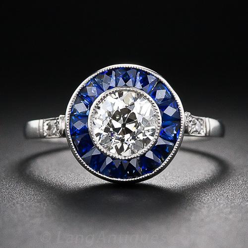.90 Carat European-Cut Diamond and Calibre Sapphire Ring