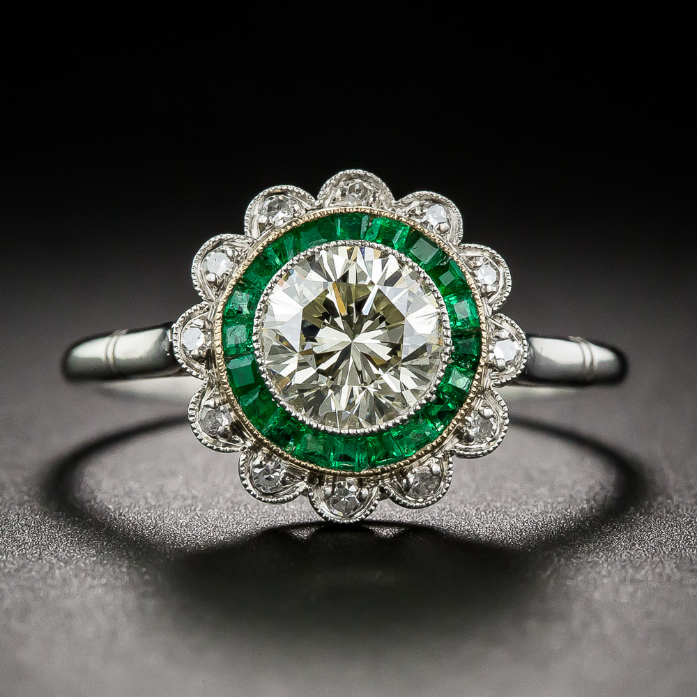 .95 Carat Diamond Engagement Ring with Calibre Emeralds