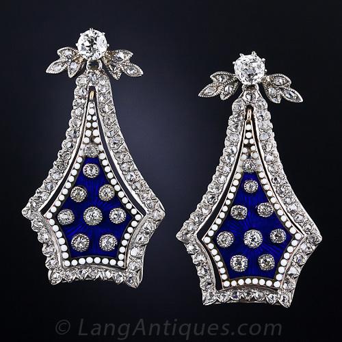 Antique Diamond and Enamel Drop Earrings