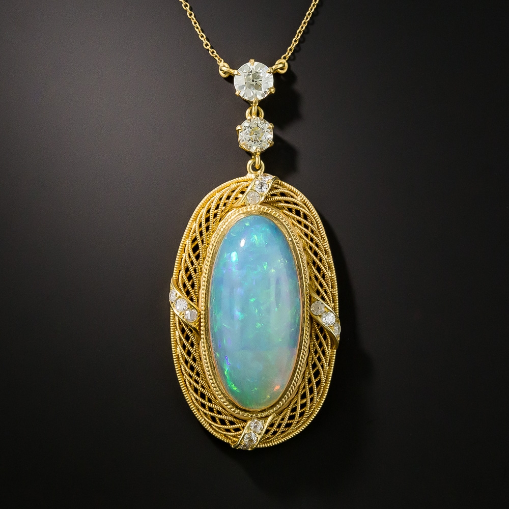 Antique Opal and Diamond Pendant Necklace - Antique & Vintage Necklaces ...