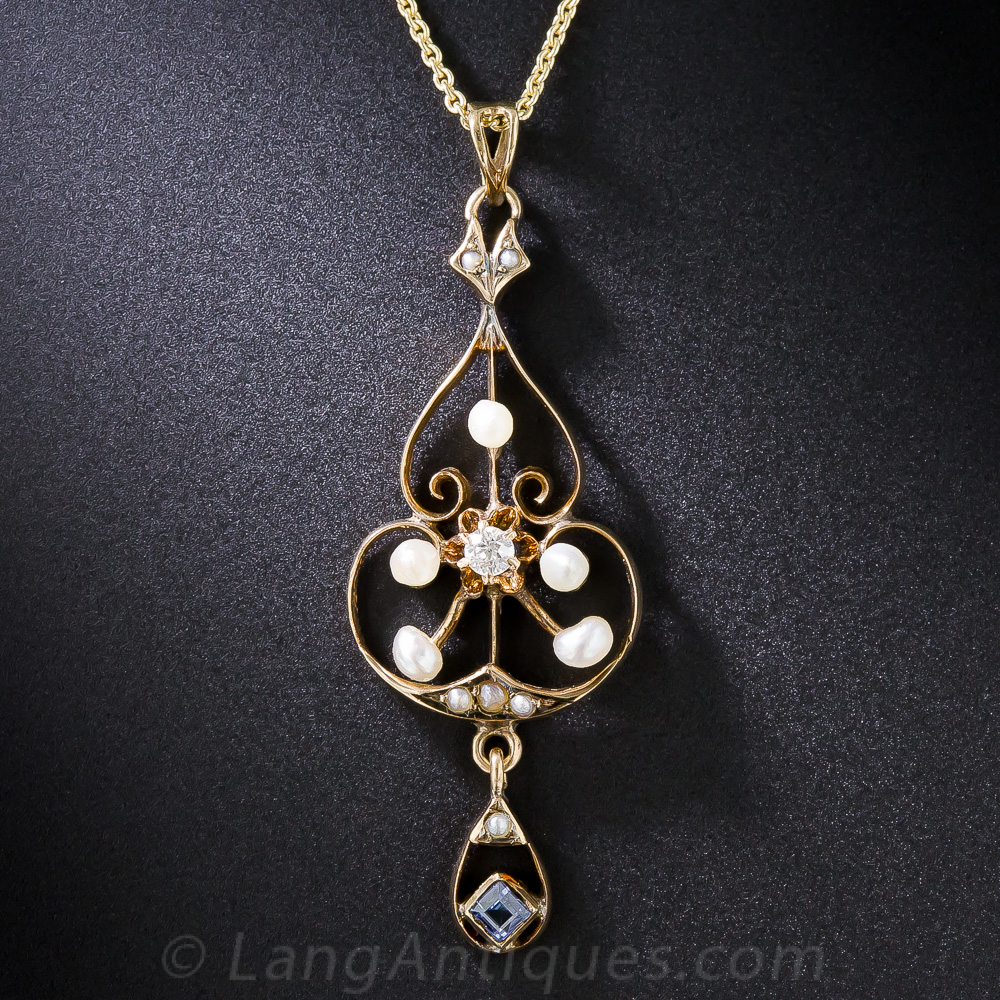 Antique Sapphire Pearl and Diamond Pendant