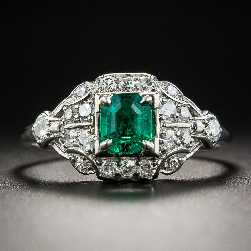 Art Deco .45 Carat Emerald and Diamond Palladium Ring - Vintage ...