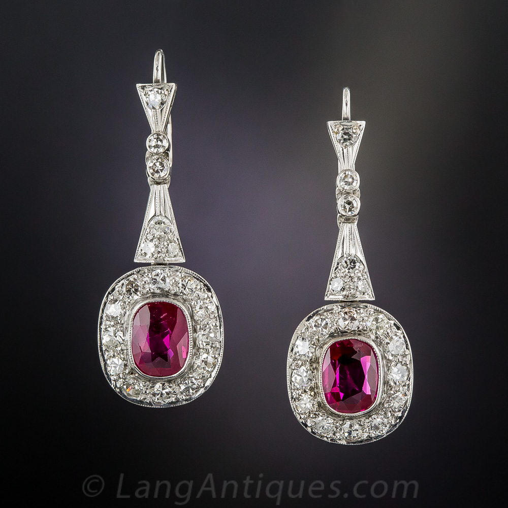 Art Deco Burma Ruby and Diamond Drop Earrings - Natural No-Heat ...