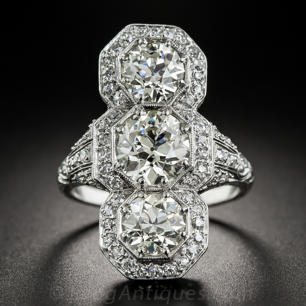 Art Deco Three Stone Platinum Diamond Dinner Ring - 4.65 Carats