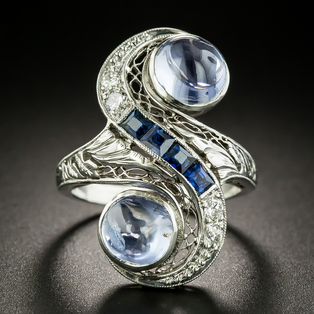 Art Deco Twin Cabochon Sapphire and Diamond Dinner Ring - Antique