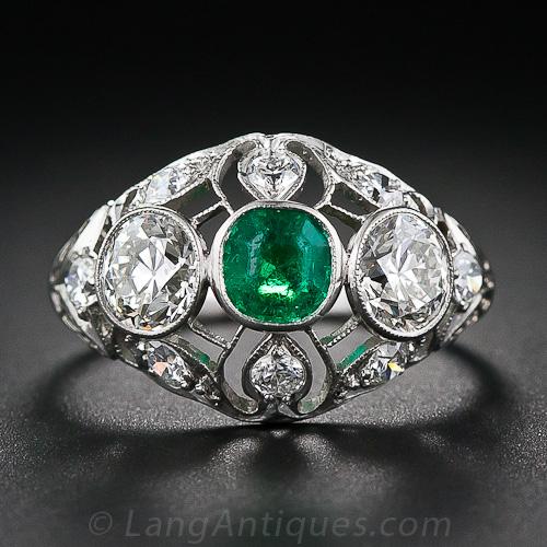 Edwardian Emerald Platinum Diamond Ring