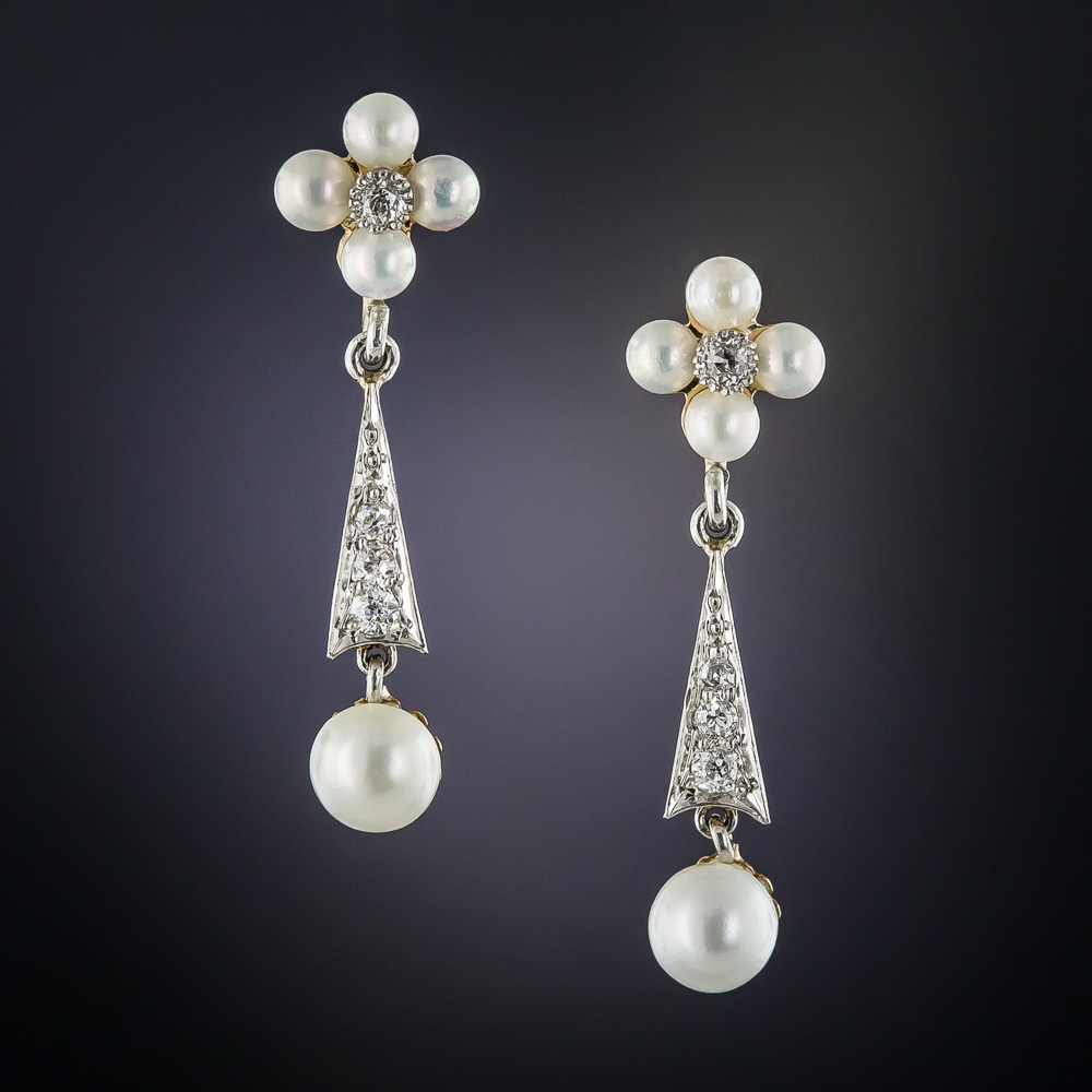 Edwardian Pearl and Diamond Drop Earrings - Vintage Jewelry