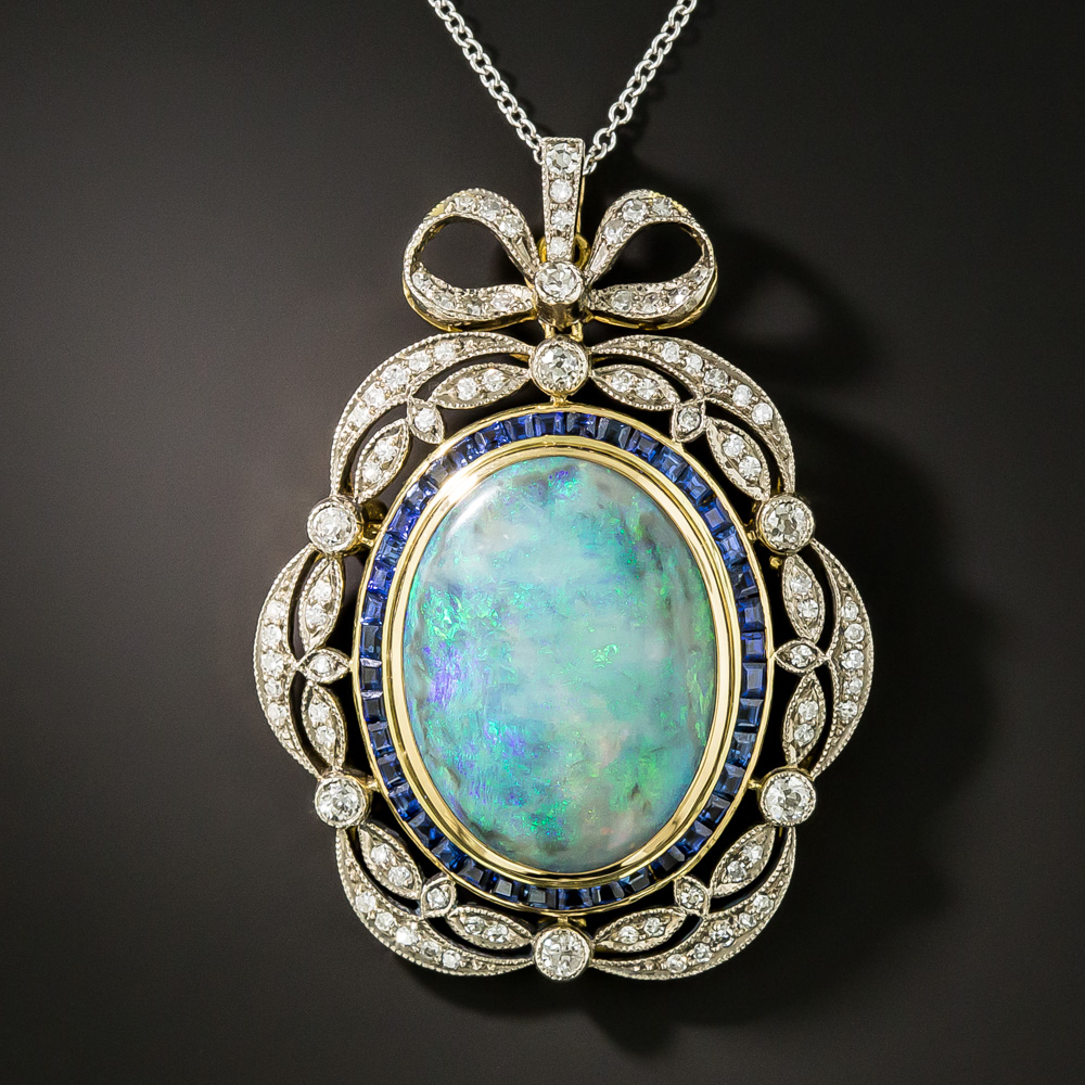 Edwardian Style Opal, Diamond and Sapphire Pendant/Brooch