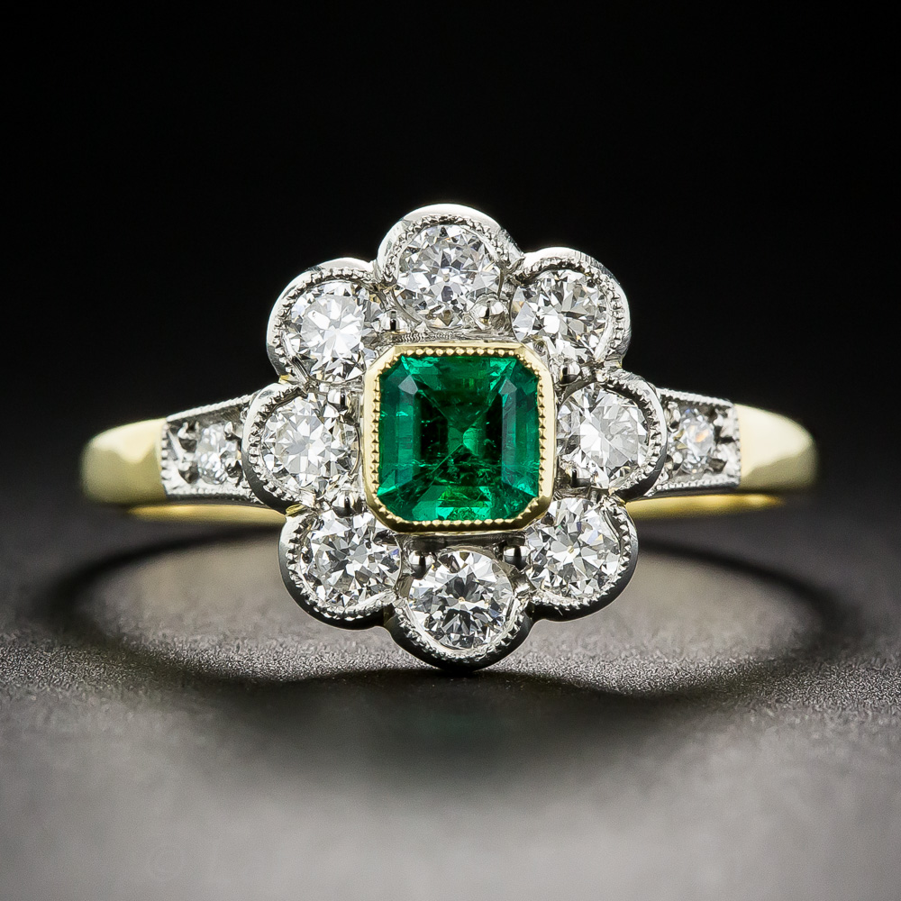 Emerald and Diamond Vintage Style Ring - Vintage Engagement Rings