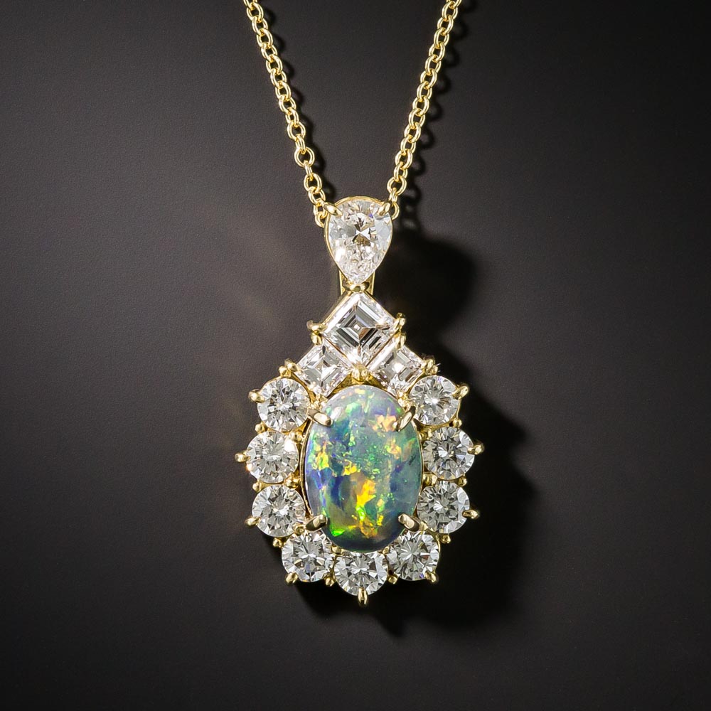 Estate Black Opal Diamond Halo Pendant - Antique & Vintage Necklaces ...