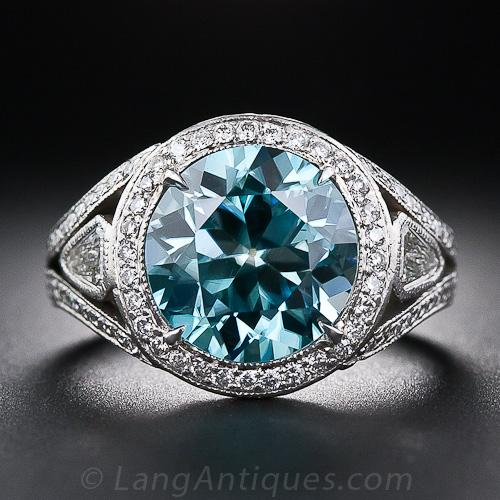 Estate Blue Zircon, Platinum and Diamond Ring