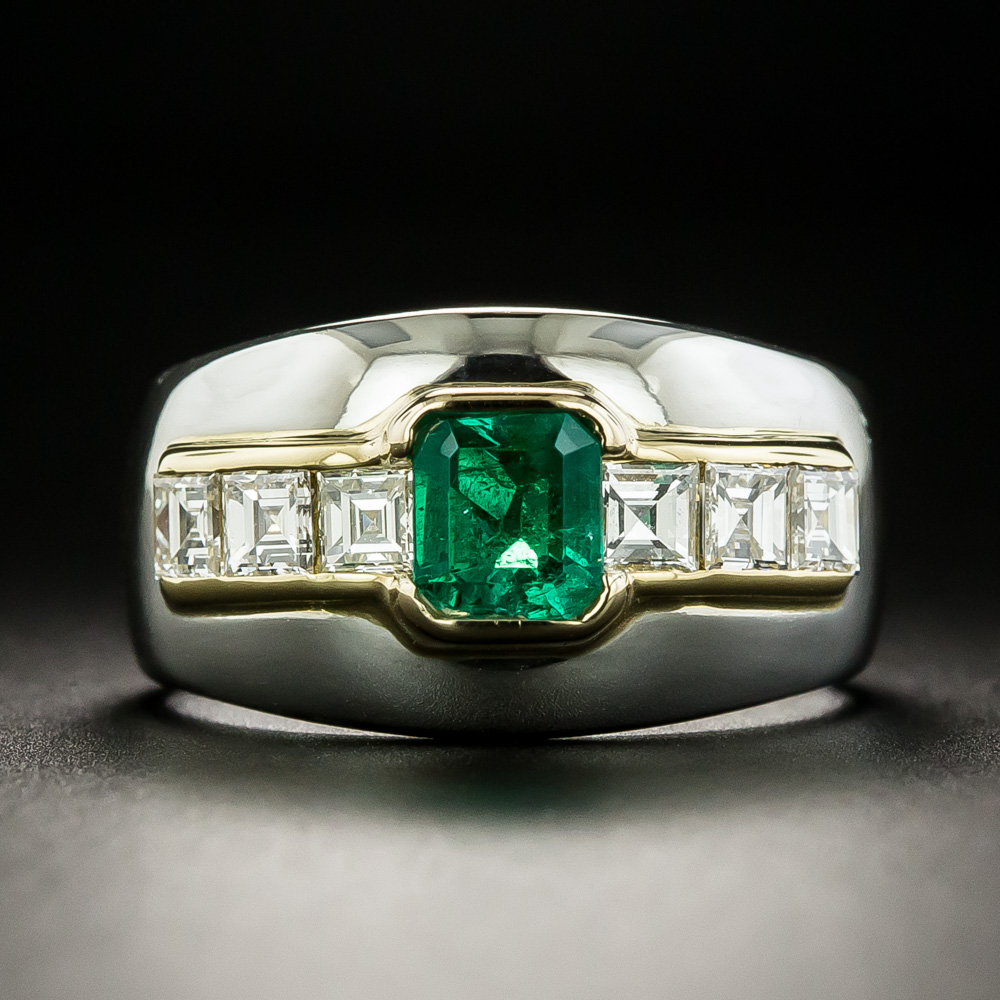 Download Estate Emerald and Diamond Wide Band Ring - Antique & Vintage Gemstone Rings - Vintage Jewelry