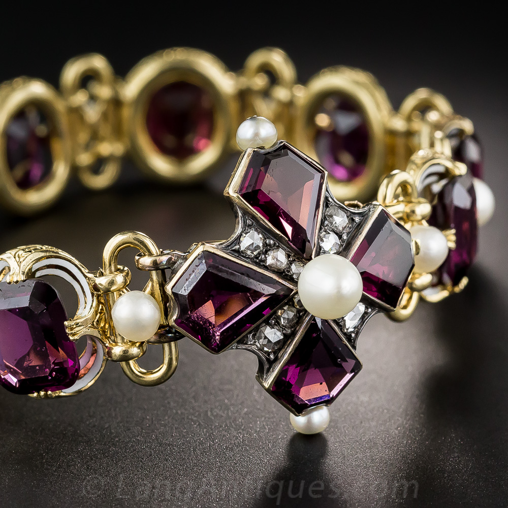 French Antique Garnet, Pearl and Enamel Bracelet