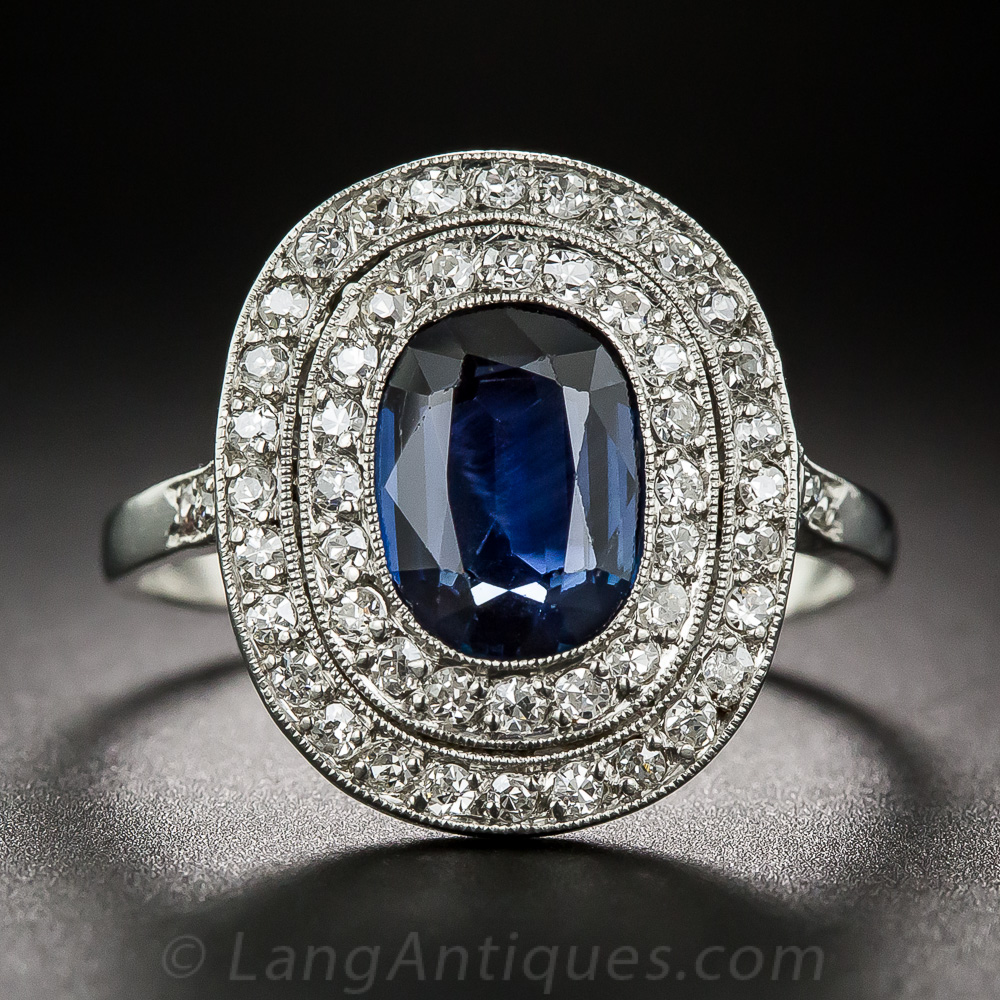 French Art Deco Sapphire and Diamond Halo Ring