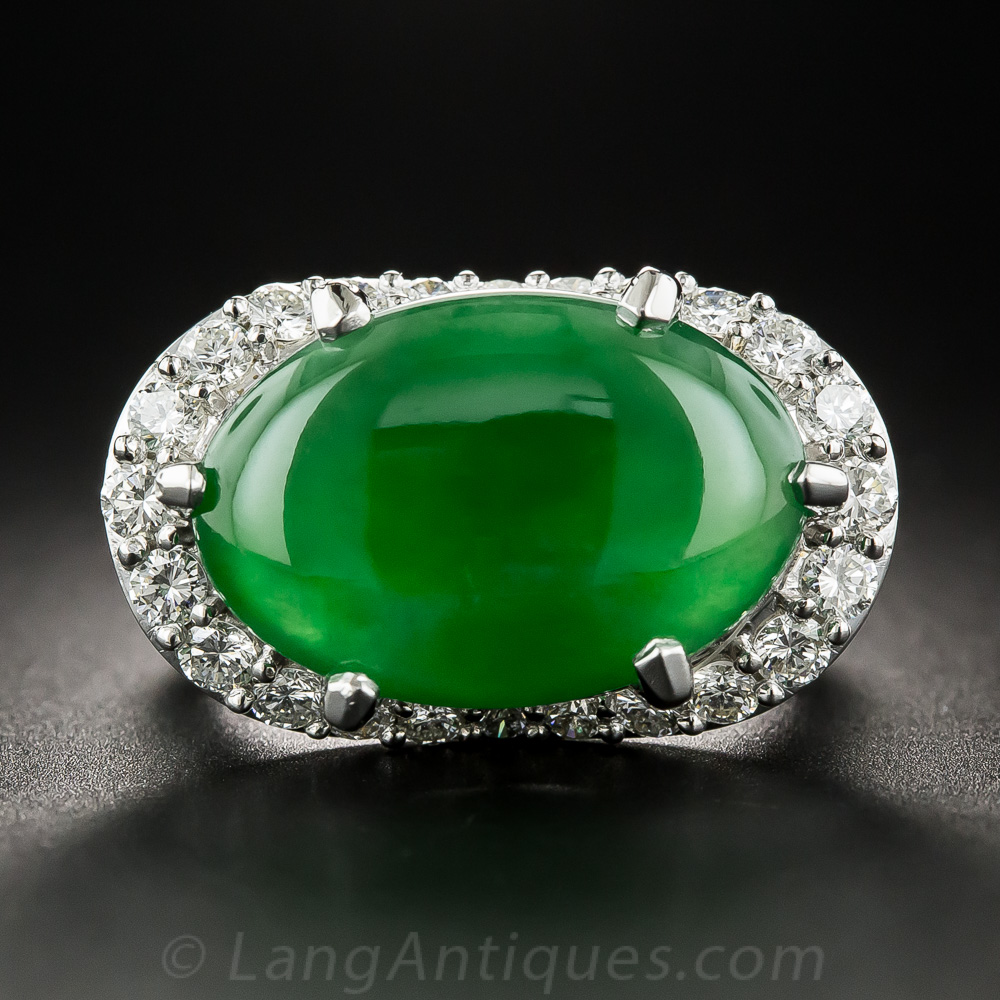 Gemmy Natural Jadeite Burma Jade Platinum Diamond Ring