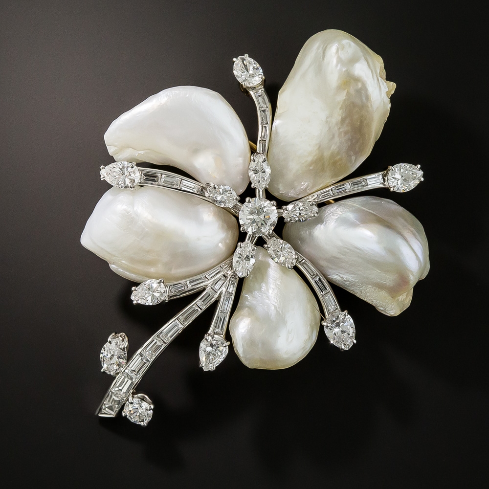 Large Freshwater Pearl and Diamond Flower Brooch