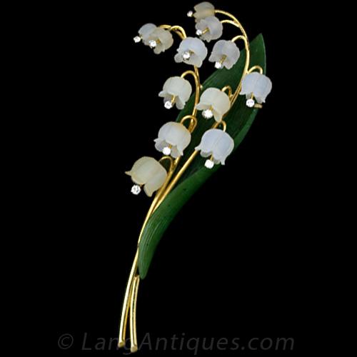 Large Nephrite, Frosted Crystal and Diamond Lily of the Valley Pin
