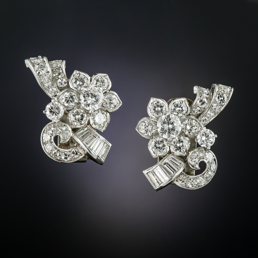 Mid-Century Diamond Platinum Clip Earrings - Antique & Vintage Earrings ...