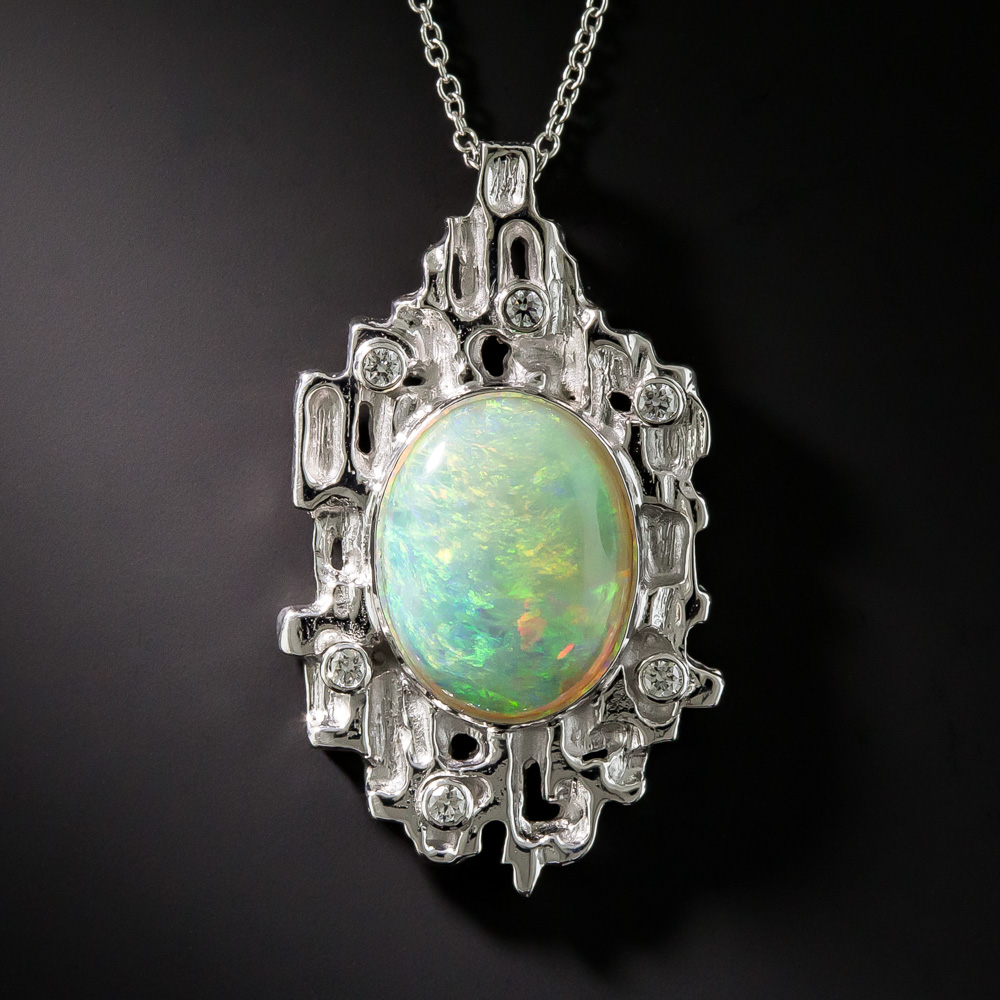 Modern Platinum Opal Diamond Pendant - Vintage Jewelry